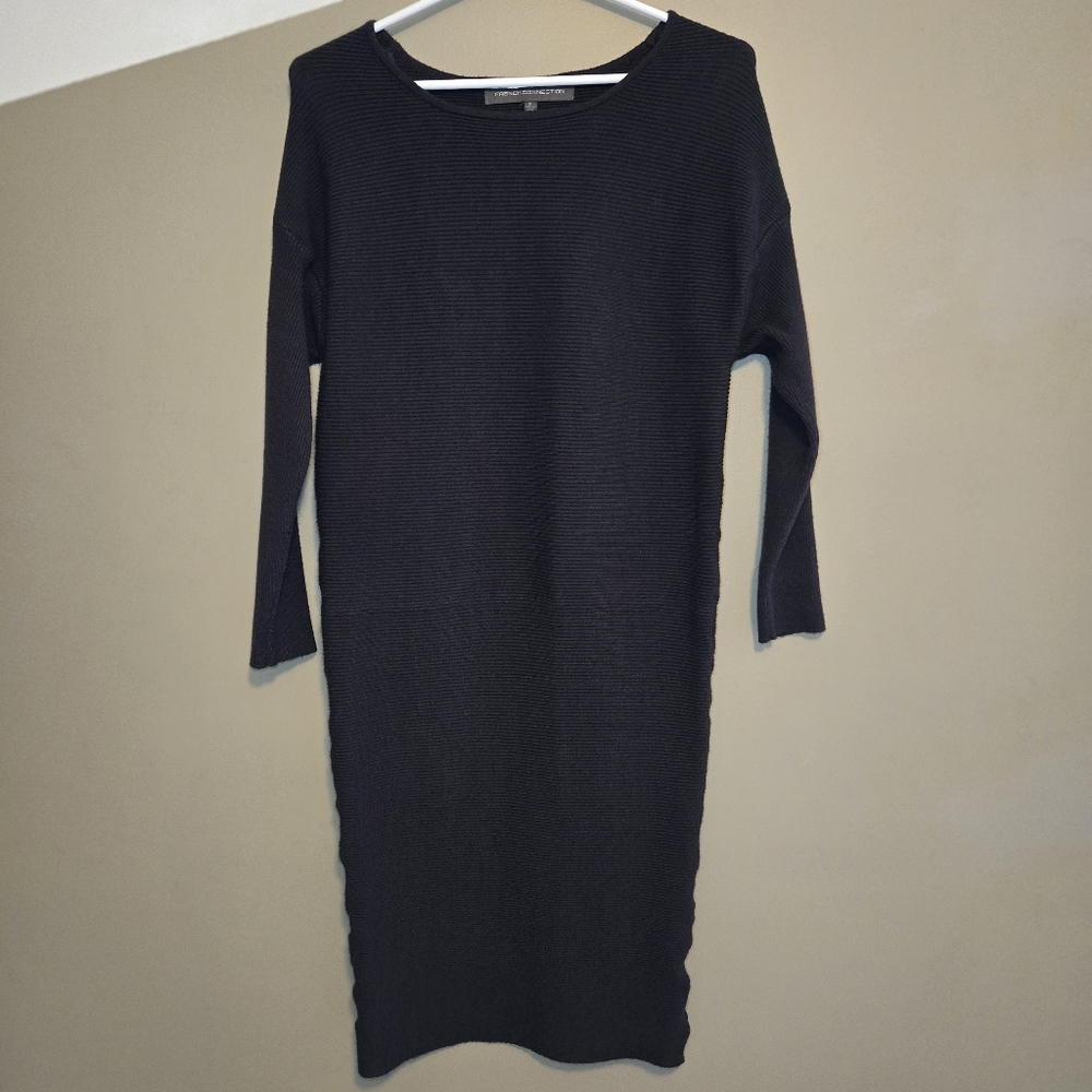 French Connection Women's Ribbed Fitting 3/4 Sleeve Dress Black Soft Size Small